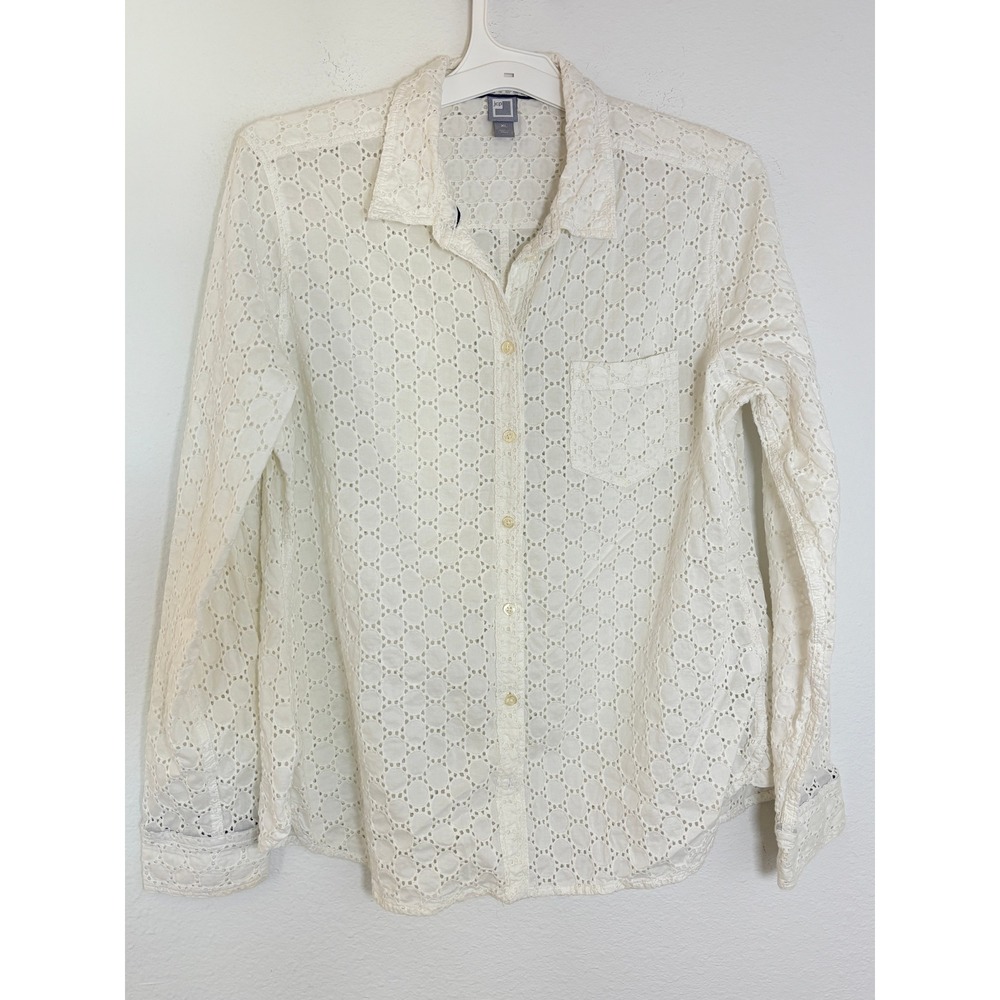 JCP Women XL White Eyelet Lace Button Down Long Sleeve Shirt Blouse Cotton